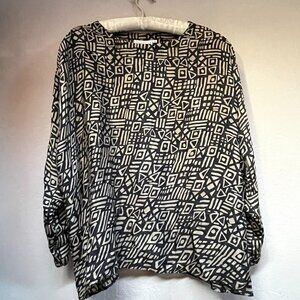 Vintage Adrian-Avery Womens Printed Pure Silk Dolman Sleeve Blouse Large Black